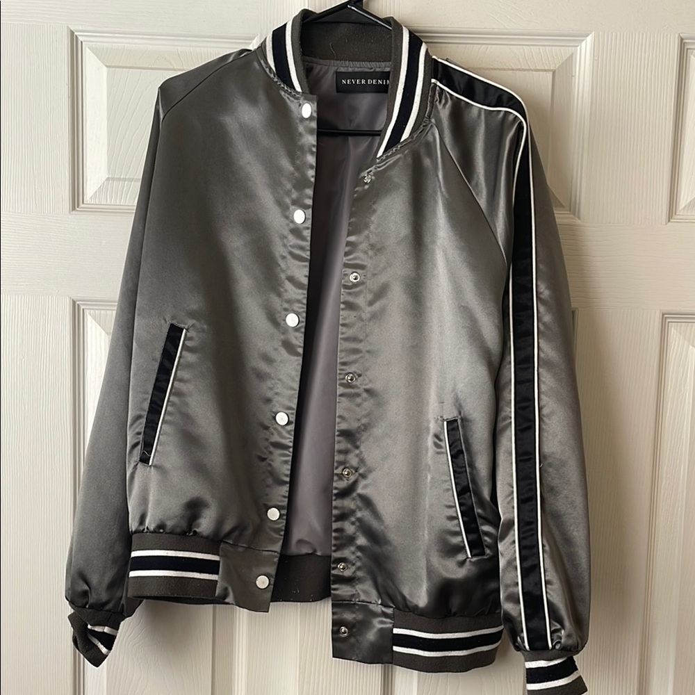 Never Denim Satin Bomber Jacket